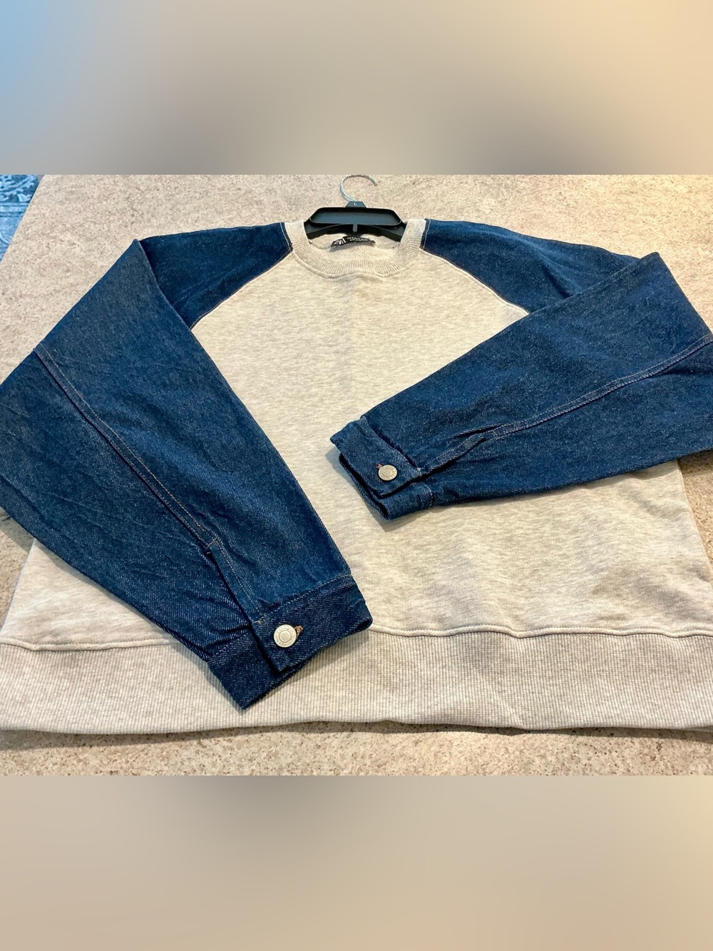 Zara Denim & Gray Oversized Slouchy Sweatshirt Chunky Streetwear Preppy SZ Med - Picture 9 of 13